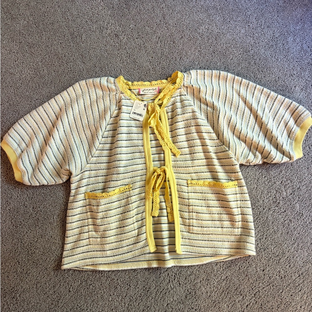Free People Yellow Striped tie front cardigan Brand new